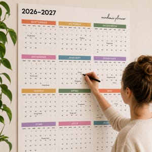 Planificador del año académico del 26 de septiembre al 27 de agosto, póster de calendario mural grande 2026-2027
