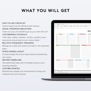 May include: A laptop screen displaying a digital checklist template with a colorful design. The checklist includes sections for daily, weekly, bi-weekly, quarterly, semi-annually, and yearly tasks. The template features visual progress indicators, allowing users to track their progress by marking off completed tasks.