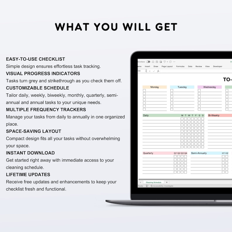 May include: A laptop screen displaying a digital checklist template with a colorful design. The checklist includes sections for daily, weekly, bi-weekly, quarterly, semi-annually, and yearly tasks. The template features visual progress indicators, allowing users to track their progress by marking off completed tasks.