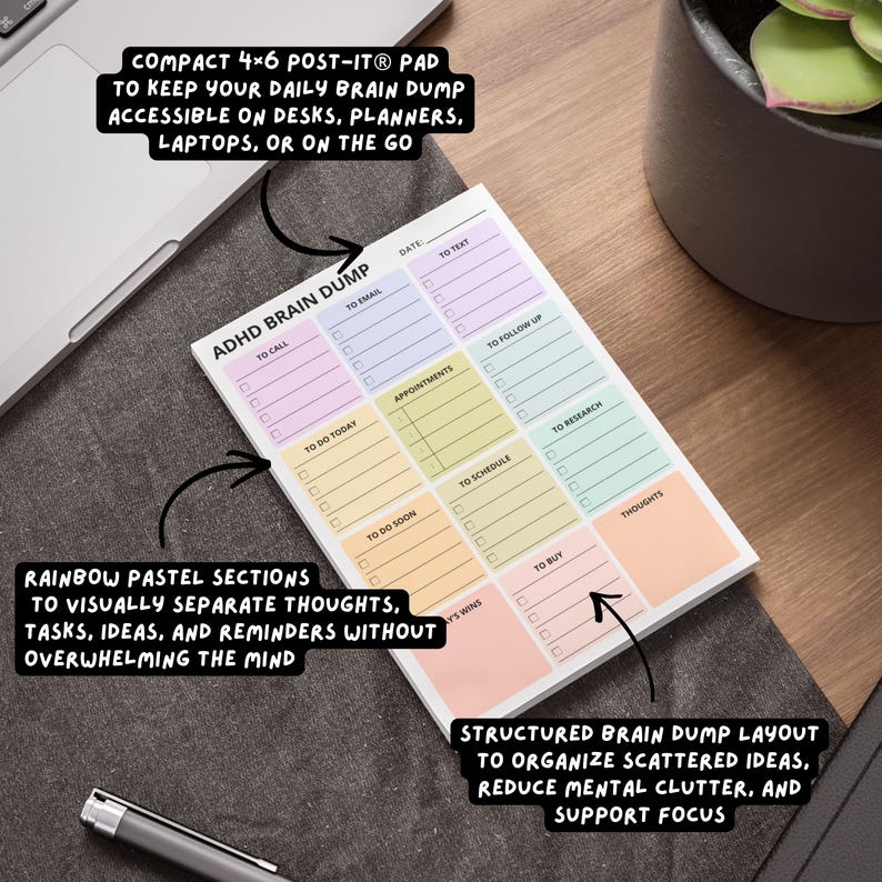 ADHD brain dump notepad with rainbow pastel headers, structured sections for thoughts, tasks, reminders, ideas, and notes, compact 4x6 sticky notes for desks, planners, and laptops.