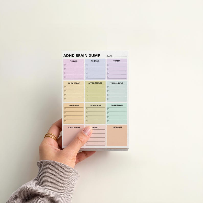 Minimalist 4x6 ADHD brain dump sticky note pad with rainbow pastel sections, checkboxes, and structured layout for organizing thoughts, tasks, ideas, reminders, and daily mental clarity.