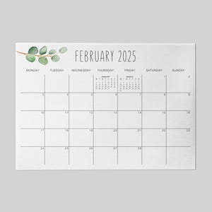 Calendario mensile floreale 2025 Design acquerello minimalista con elementi verdi PDF stampabile - Calendario con anteprima del mese precedente e successivo