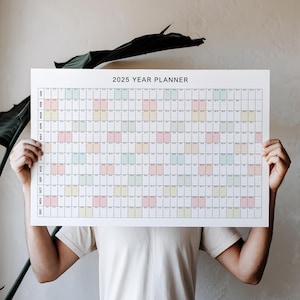 Calendario anual 2025 de pared grande, resumen del año completo, PDF + PNG imprimible, colores pastel, horizontal, descarga del calendario 2025