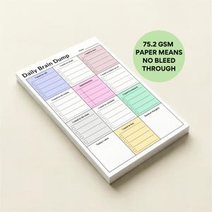 Stack of ADHD sticky notes planner pads showing 4x6 size, color-coded sections for tasks, brain dump, calls, and appointments, printed sheets with adhesive backing and structured layout.