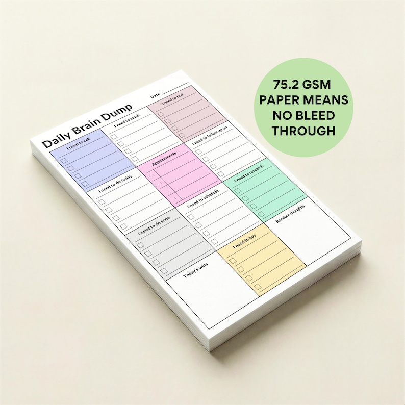 Stack of ADHD sticky notes planner pads showing 4x6 size, color-coded sections for tasks, brain dump, calls, and appointments, printed sheets with adhesive backing and structured layout.