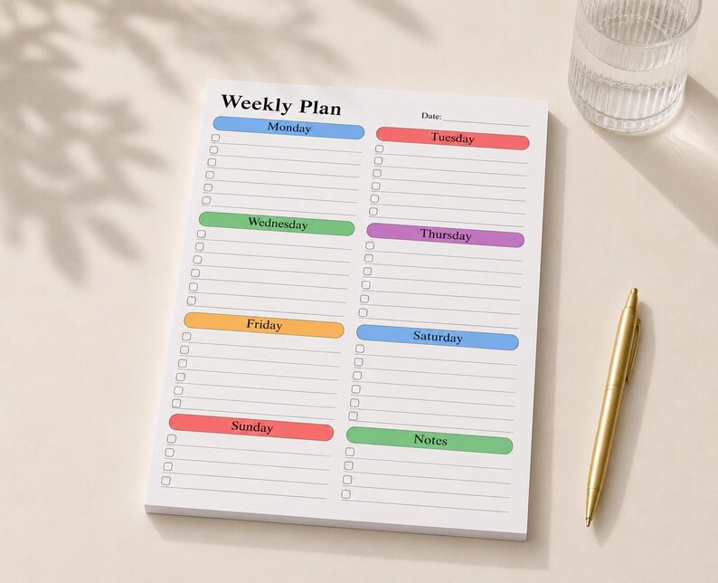 May include: A white weekly plan notepad with colorful headers for each day of the week. The notepad includes a gold pen and a glass of water. The notepad has the text "Weekly Plan" at the top.