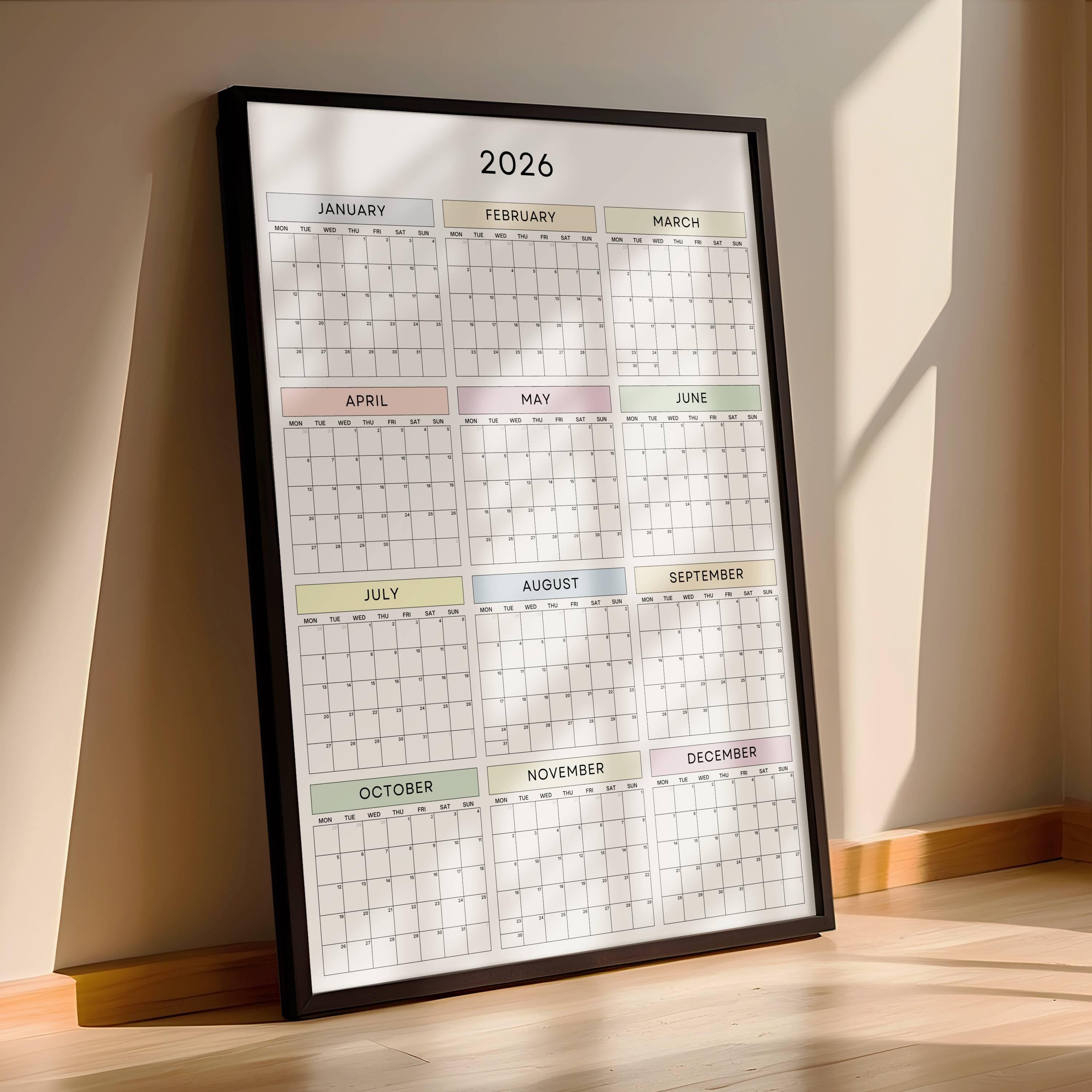 2026 Minimalist Wall Planner Poster Portrait | Pastel Year-at-glance ...
