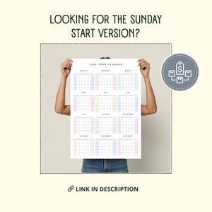 May include: A 2020 year planner with a pastel color scheme, held by a person. The calendar displays months across the top and dates in a grid. Text at the top reads "LOOKING FOR THE SUNDAY START VERSION?" and "LINK IN DESCRIPTION" at the bottom.