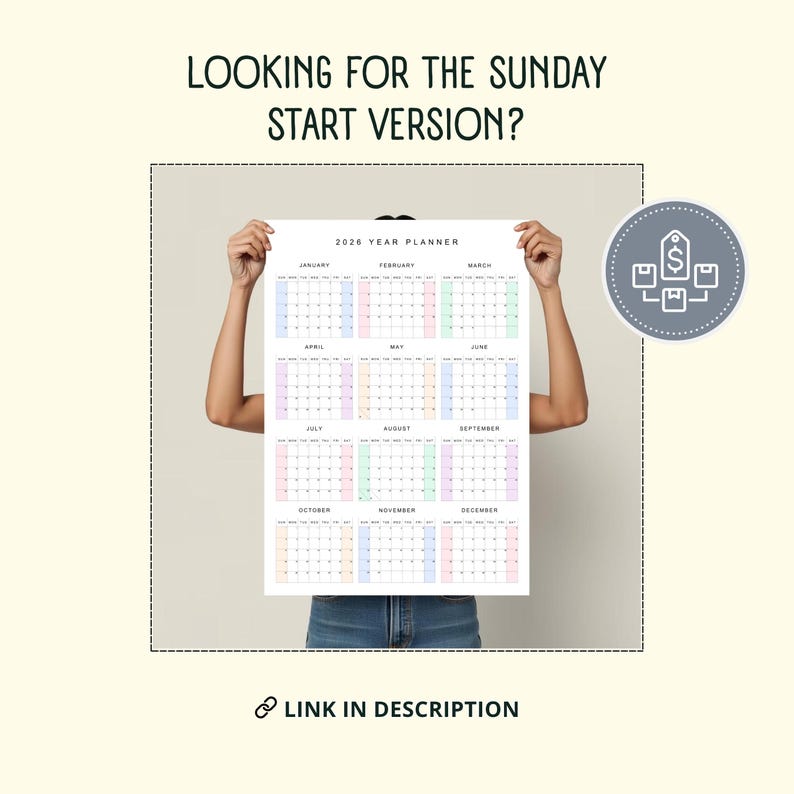 May include: A 2020 year planner with a pastel color scheme, held by a person. The calendar displays months across the top and dates in a grid. Text at the top reads "LOOKING FOR THE SUNDAY START VERSION?" and "LINK IN DESCRIPTION" at the bottom.