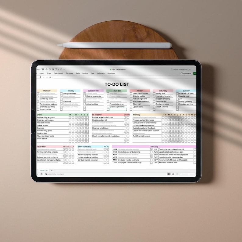 Editable Excel to do list template with color coded sections and checkboxes for tracking tasks across different timeframes, displayed on screen with clear and minimal layout