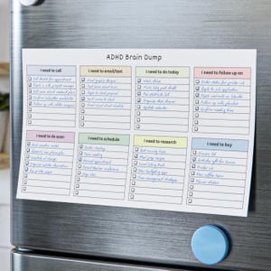 Minimalist ADHD brain dump notepad in pastel tones, 10x6 inch layout with eight checklist sections including calls, emails, tasks, and research, displayed on a neutral flat surface.