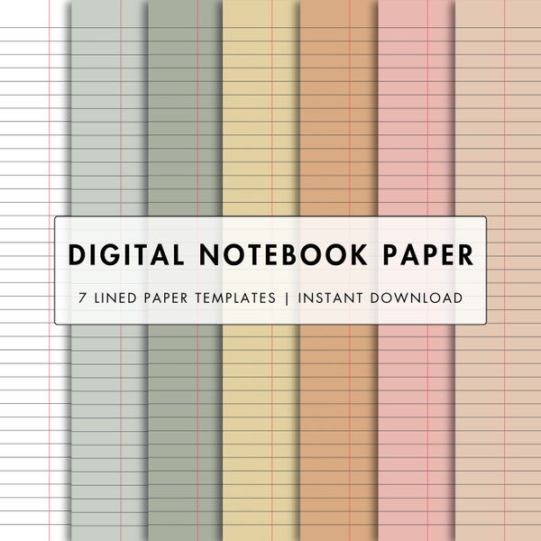 7 Digital Notebook Paper Templates | Digital Paper Pack | Lined Paper For Digital Note-Taking | Boho Colors | Goodnotes, Notability PDF