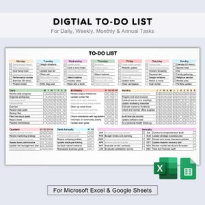 Digital To-Do List Template for Excel & Google Sheets - Daily Weekly Monthly Yearly Task Tracker - ADHD Planner for Adults, Checklist