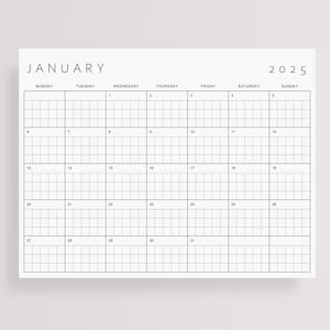 Planificador mensual 2025 / Calendario imprimible en PDF / Libro de contabilidad minimalista A4 A3 / Diseño de cuadrícula / Inicio lunes y domingo / Horizontal