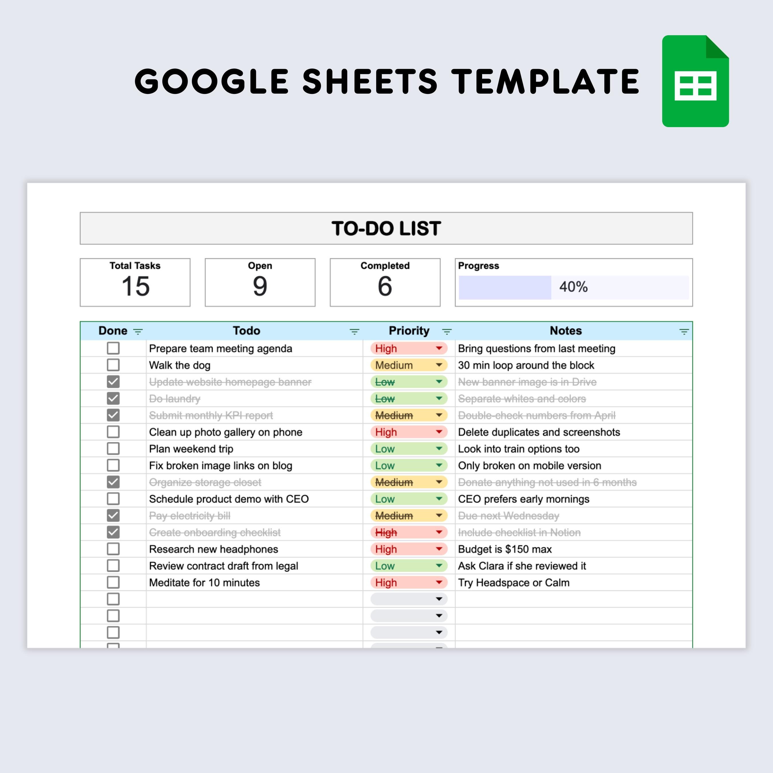 Simple to Do List Google Sheets: Digital Task Tracker Spreadsheet With ...