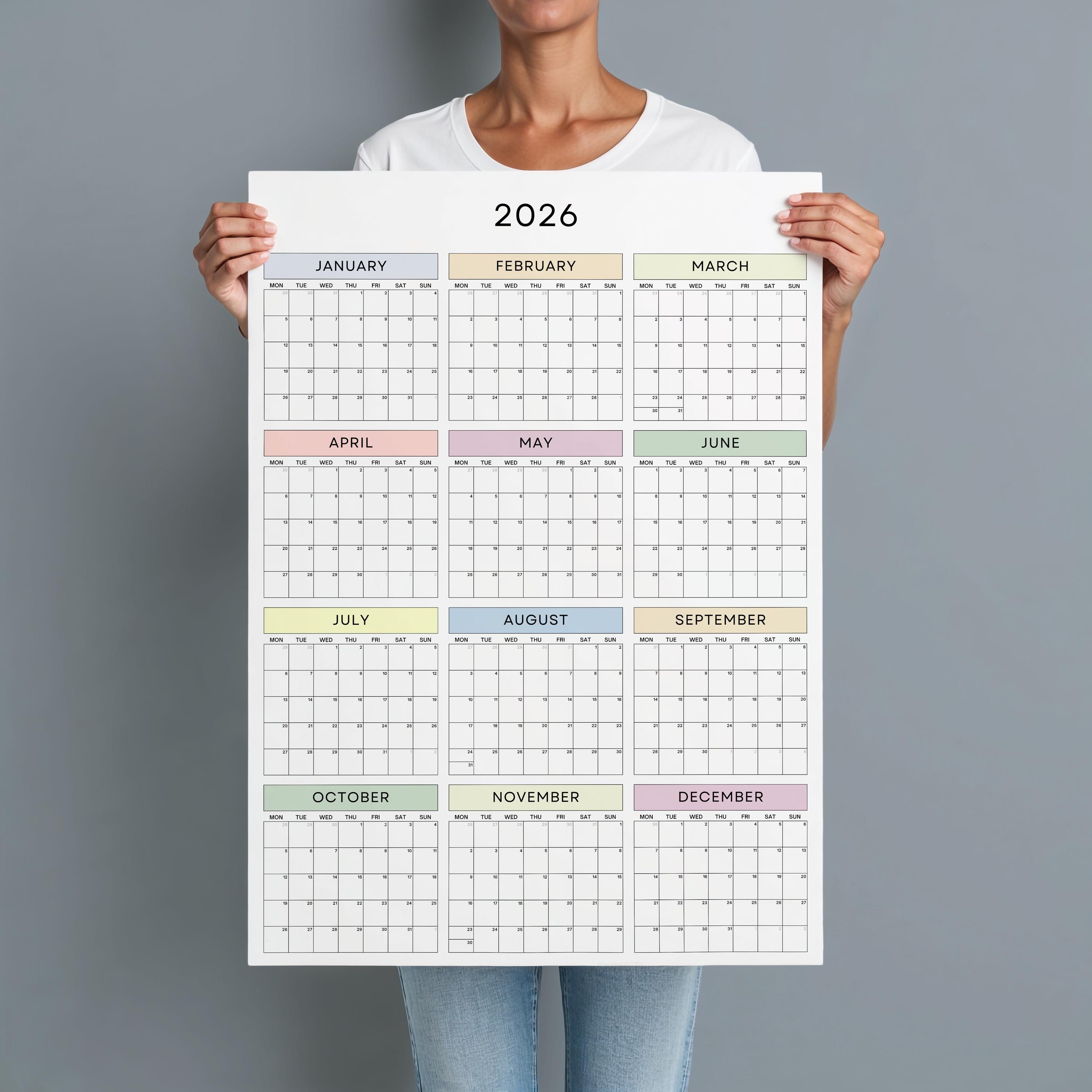 2026 Pastel Wall Calendar: Year at A Glance Poster, Monday Start - Etsy