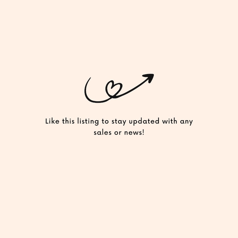 Puede incluir: Un dibujo lineal negro de un remolino en forma de coraz&oacute;n con una flecha que apunta hacia arriba. El texto de abajo dice: "Like this listing to stay updated with any sales or news!" sobre un fondo melocot&oacute;n claro.
