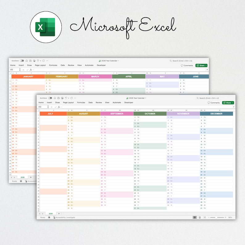 Editable 2026 year planner spreadsheet in Excel with colorful categories for tasks, events, and project management