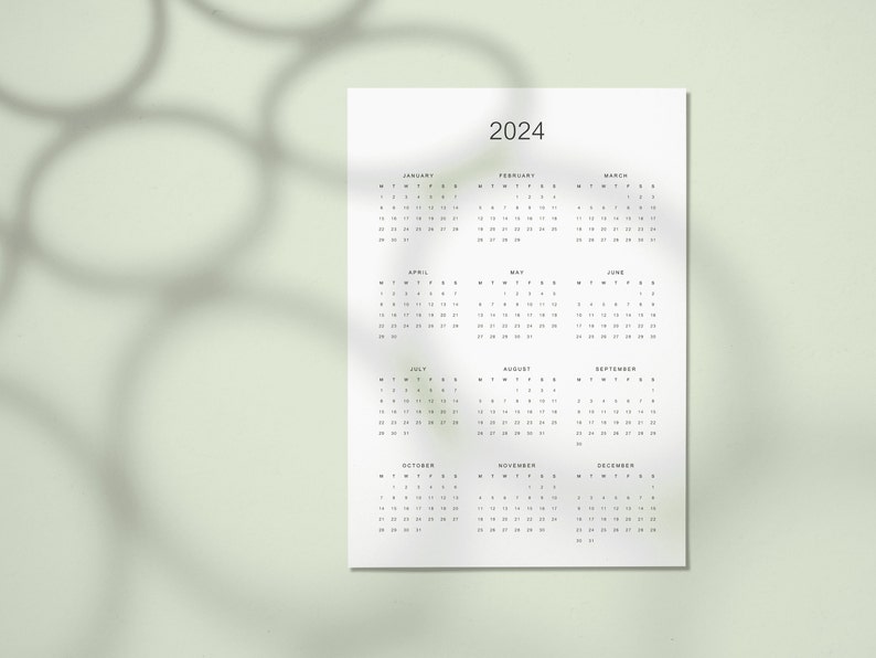 2024 Year Calendar Printable Yearly Calendar 2024 Year at a Etsy