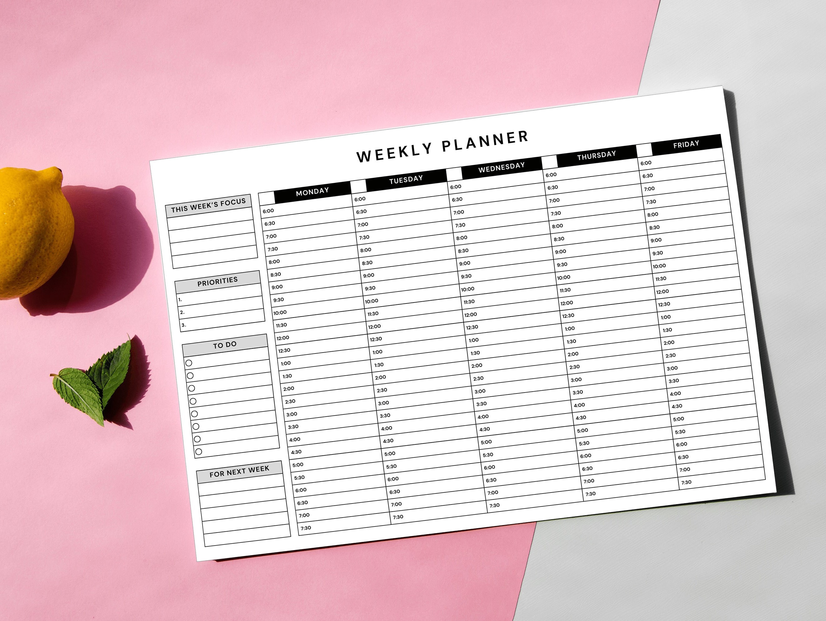 Work Week Planner Printable Template Daily Half-hourly Schedule Undated ...
