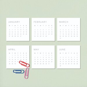 2025 Minimalistische Planer Karten | Druckbare Mini-Kalenderkarten | 3 "x 3" Monatskarten | dünnes graues Schrift-Design | Montag & Sonntag Start PDF