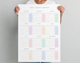 2026 Year Planner Printable, Year at a Glance Large Wall Calendar, Instant Download