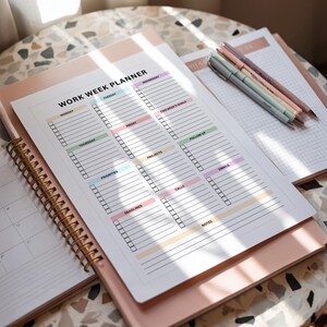 Clean minimalist work week planner in PDF format with dedicated task sections, color-coded headers, daily checklists, and space for weekly goals, priorities, projects, follow-ups, and notes.