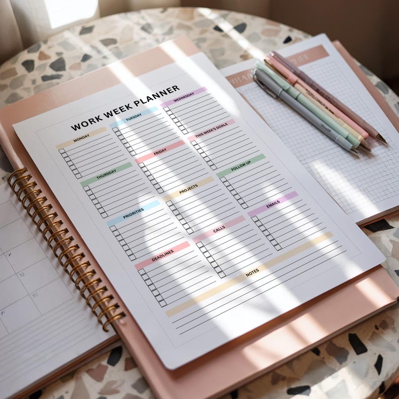 Clean minimalist work week planner in PDF format with dedicated task sections, color-coded headers, daily checklists, and space for weekly goals, priorities, projects, follow-ups, and notes.