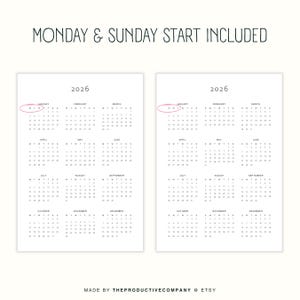 Printed 2026 digital year planner with a Sunday and a Monday start layout, shown on US Letter size paper in black and grey modern typography, placed on a light wood desk with neutral background.