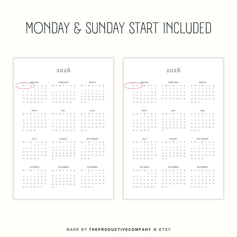 Printed 2026 digital year planner with a Sunday and a Monday start layout, shown on US Letter size paper in black and grey modern typography, placed on a light wood desk with neutral background.