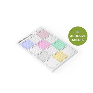 Close-up of color-coded ADHD sticky note planner with labeled sections for tasks, calls, appointments, and brain dump, printed on white paper with adhesive backing for structured daily planning.