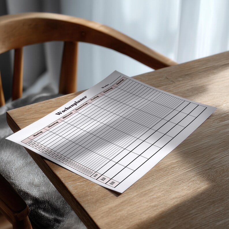 Gedruckte Wochenübersicht mit Zeitraster von Montag bis Sonntag, halbstündliche Zeitfelder für Tagesplanung, minimalistisches Design mit dünnen grauen Linien und rosa Überschriften, flach fotografiert.