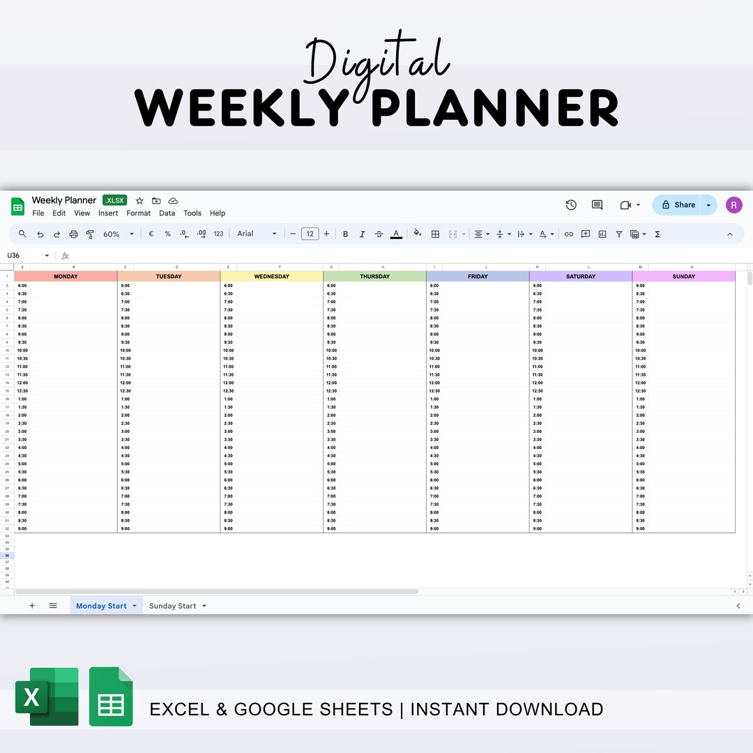 Rainbow Weekly Planner: Editable Excel & Google Sheets Template ...