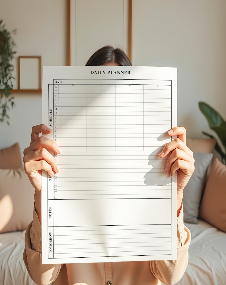 Puede incluir: Un planificador diario blanco con el texto "DAILY PLANNER" en la parte superior. El planificador incluye secciones para la fecha, el horario, las tareas, las notas y el ma&ntilde;ana. El planificador est&aacute; sostenido por una persona.