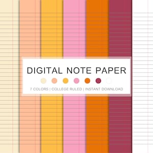 May include: Digital note paper in seven colors: cream, peach, yellow, pink, orange, burgundy, and white. The paper has college ruled lines with red lines at the top and bottom of each page.  DIGITAL NOTE PAPER 7 COLORS | COLLEGE RULED | INSTANT DOWNLOAD