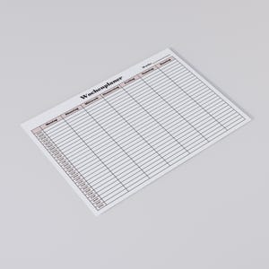 Minimalistischer Wochenplan mit Uhrzeiten auf einem weißen Blatt, Montag bis Sonntag Spalten mit halbstündlichen Zeitslots, zart rosa Kopfzeile und dünne Linien, fotografiert auf heller Oberfläche.