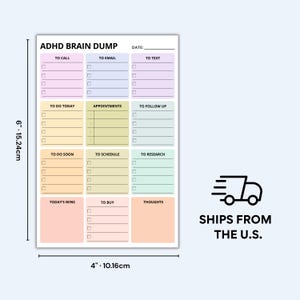 Pastel rainbow sticky note pad 4x6in with brain dump layout, checkboxes for tasks and ideas, sections for mental clarity, organization, and simple daily thought management.