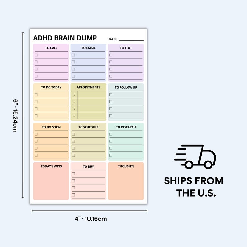 Pastel rainbow sticky note pad 4x6in with brain dump layout, checkboxes for tasks and ideas, sections for mental clarity, organization, and simple daily thought management.