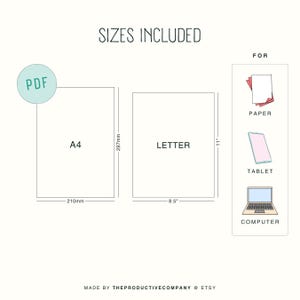 May include: A digital download graphic with the text "SIZES INCLUDED" and "PDF". It shows A4 paper size at 210mm x 297mm and Letter size at 8.5" x 11". Icons for paper, tablet, and computer are included. The text "MADE BY THEPRODUCTIVECOMPANY @ ETSY" is at the bottom.