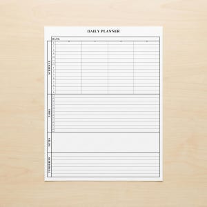 Printable daily planner page in portrait layout, featuring clear sections for tasks, schedule, and notes.