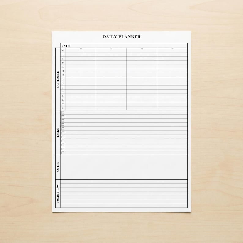 Printable daily planner page in portrait layout, featuring clear sections for tasks, schedule, and notes.