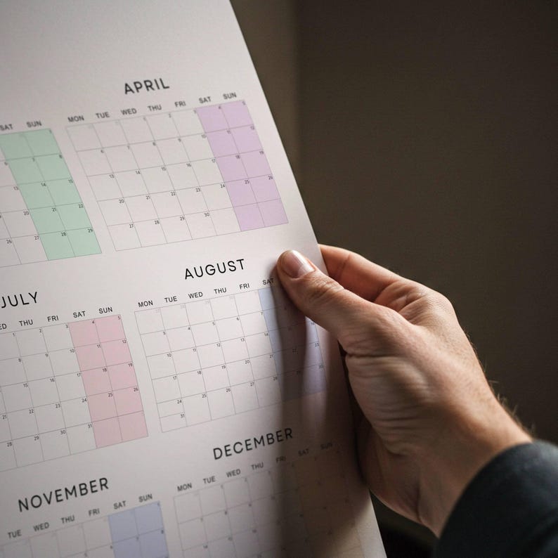2026 Wall Calendar Poster, Monday Start Year at a Glance Print, Pastel ...