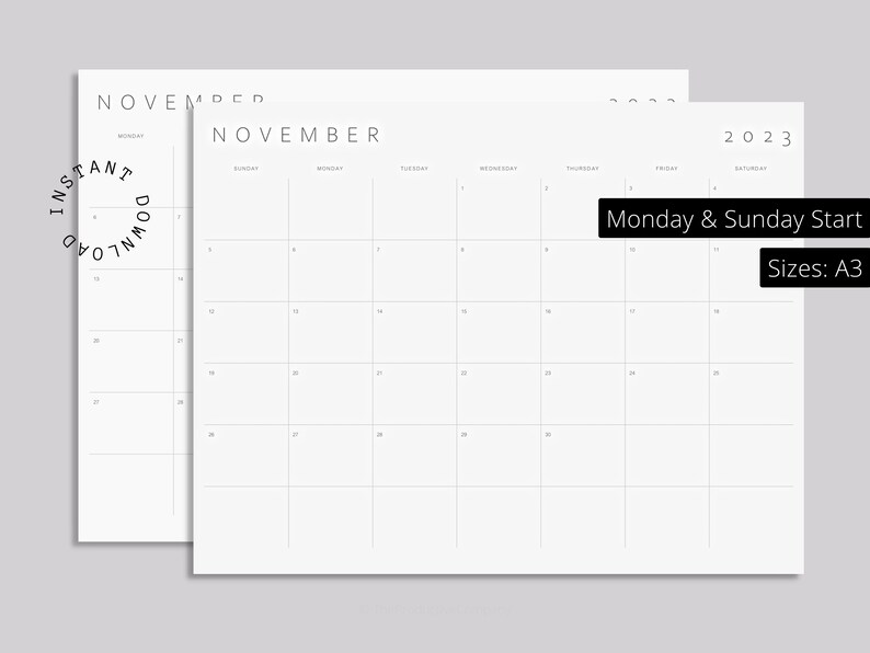 Printable Calendar 2023 Monthly Planner 2023 A3 A2 Wall Etsy Ireland
