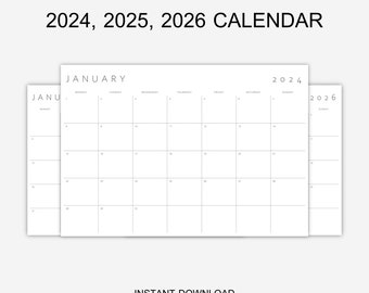 2024, 2025, 2026 Minimalist Calendar Printable Monthly Planner A4, A3, Letter, 11x17 | Monday & Sunday Start | Instant Download PDF