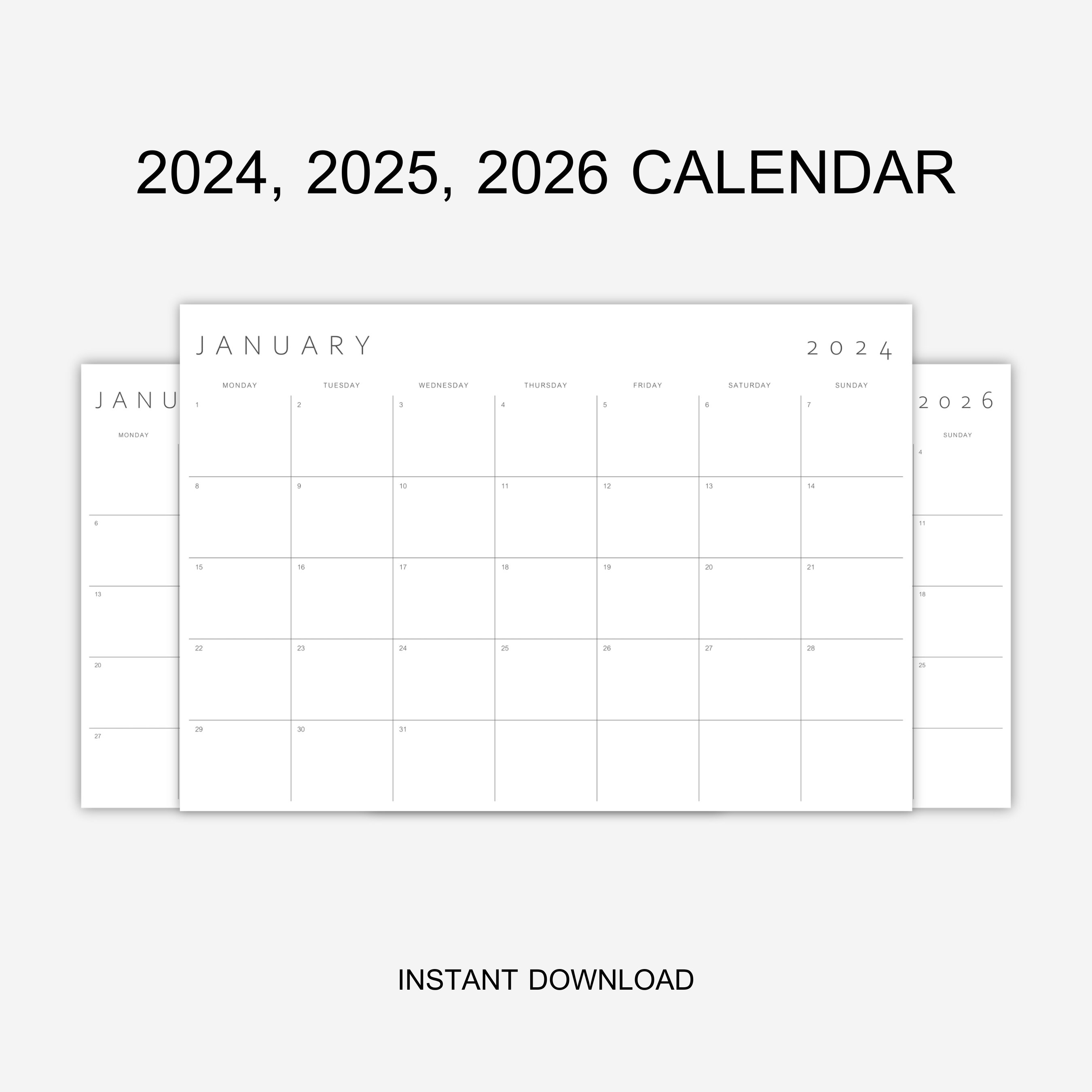 2024, 2025, 2026 Minimalist Calendar Printable Monthly Planner A4, A3