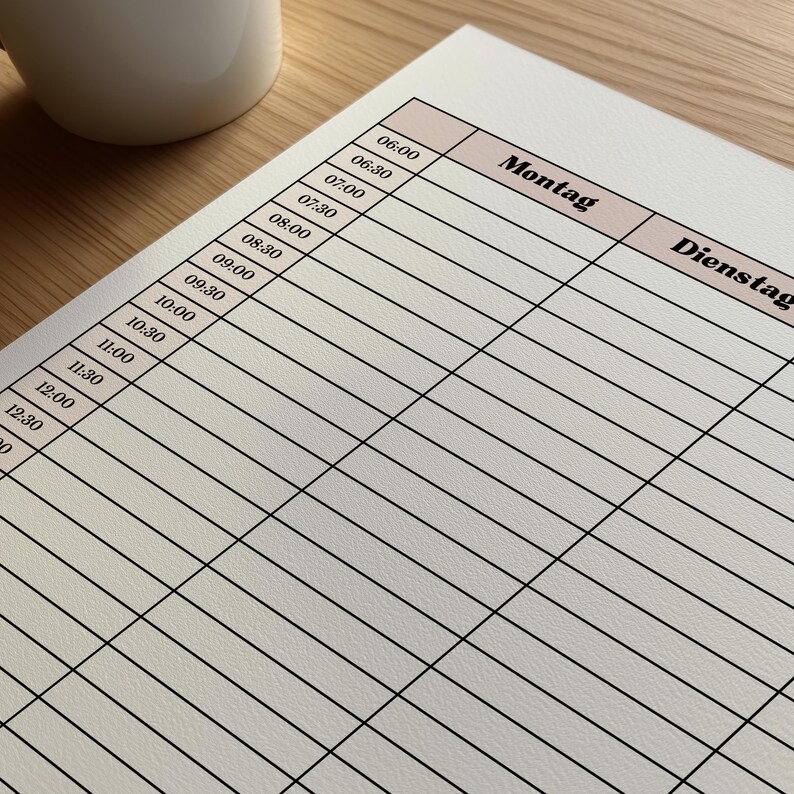 Minimalistischer Wochenplaner mit Uhrzeiten, horizontales Layout mit Montag bis Sonntag Spalten und halbstündlichen Zeitslots, dünne Linien und zarte rosa Überschriften.