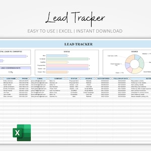 May include: A spreadsheet template for tracking leads, with columns for assigned person, lead name, phone number, email, company, status, source, date entered, follow-up date, and notes. The spreadsheet also includes a chart showing the total leads versus converted leads, a chart showing the lead conversion rate, and a pie chart showing the source of leads.