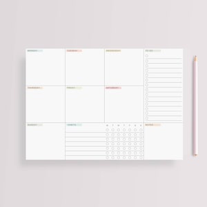 May include: A weekly planner with sections for each day of the week, a to-do list, habit tracker, and notes. The planner has a minimalist design with pastel coloured headings.