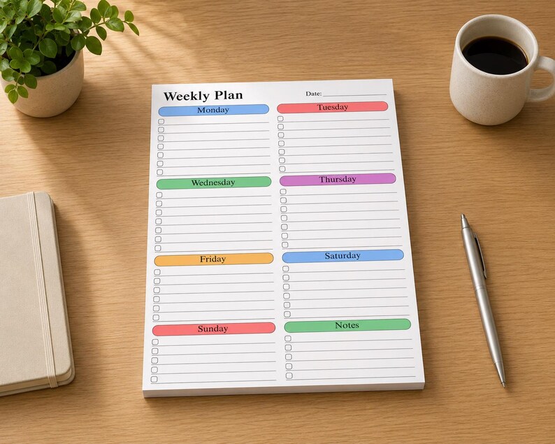 Large letter size weekly planner mockup featuring pastel checklist sections and lined scheduling format, photographed on neutral background with minimalist stationery styling.