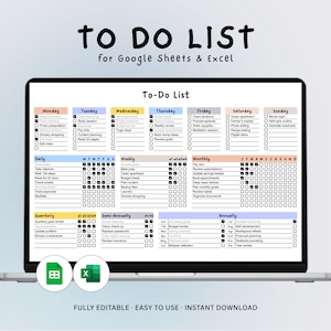 May include: A digital to-do list displayed on a laptop screen. The list is organized by day, week, month, and quarter, with checkboxes for task completion. The text "TO DO LIST" is at the top, with the words "for Google Sheets & Excel" below.